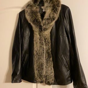 EUC Black leather jacket with fur